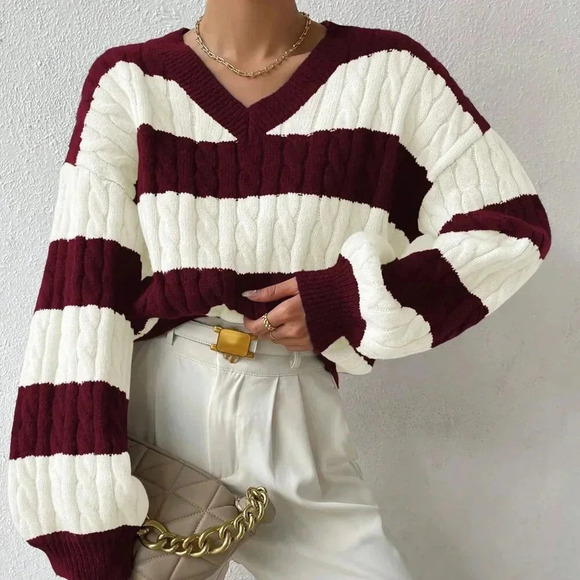 Red Violet Casual Women's Two Tone Cable Knit Drop Shoulder Sweater - Picture 3 of 6